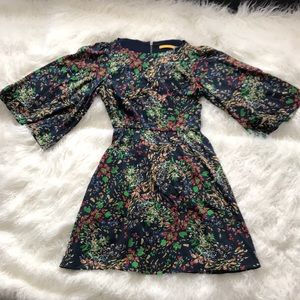ALICE + OLIVIA BLUE SILK BLEND BOHO FLORAL DRESS